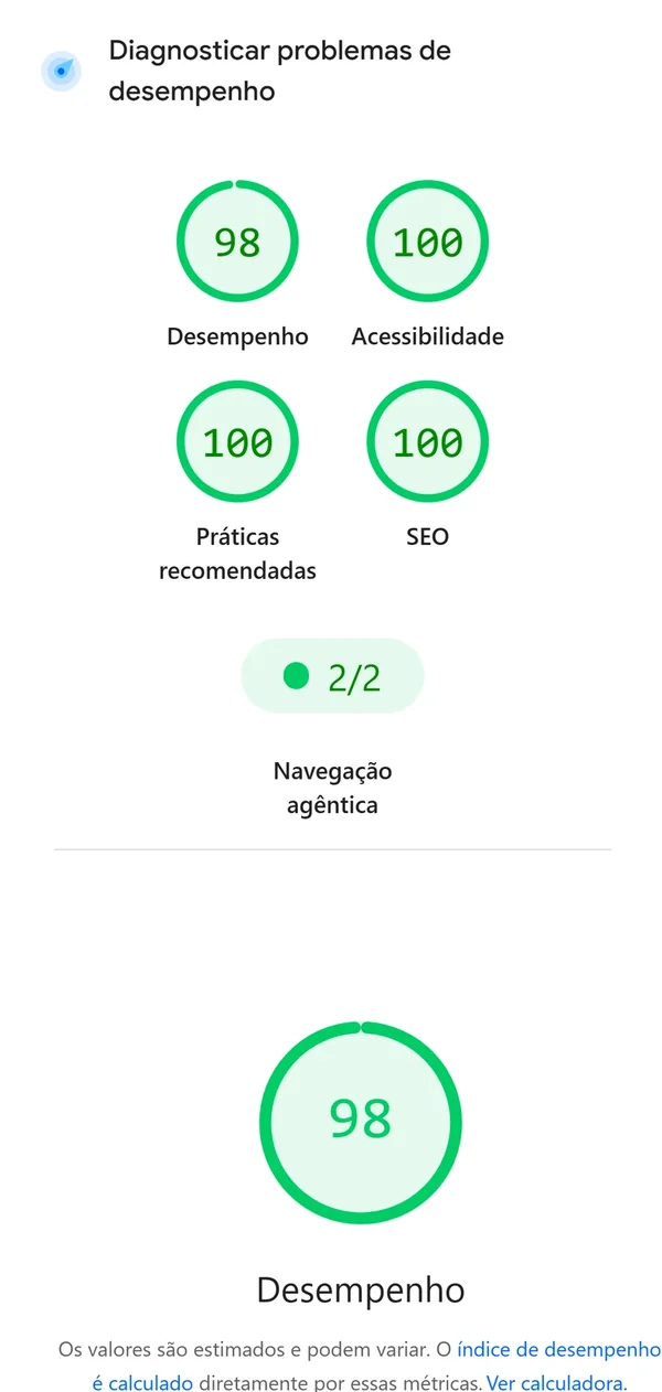 PageSpeed Insights no celular: 98 em desempenho e 100 em acessibilidade, práticas recomendadas e SEO