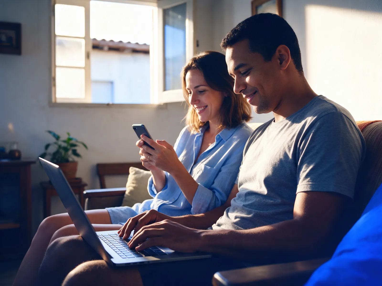 Casal na sala de casa usando o notebook e o celular