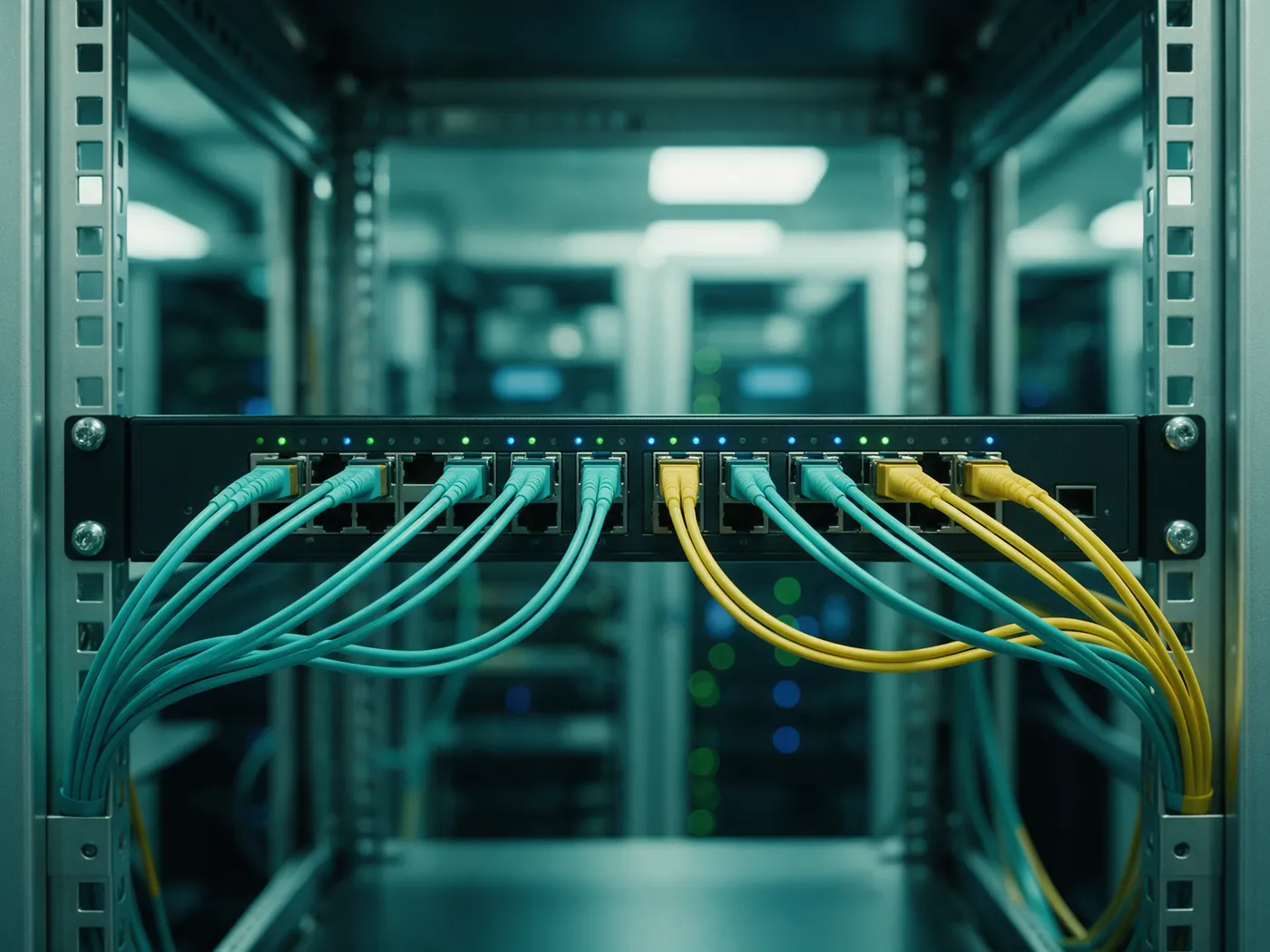 Rack de rede com cabos de fibra conectados ao switch