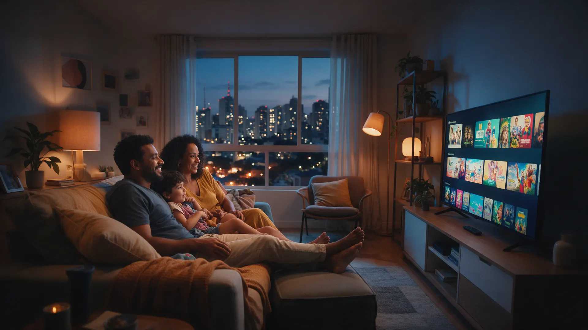 Família no sofá assistindo TV à noite num apartamento em São Paulo