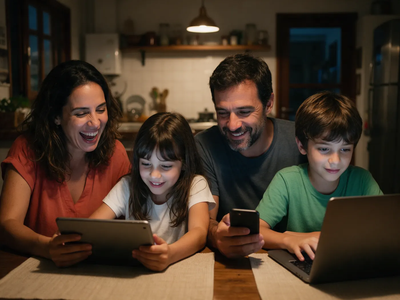 Família à mesa da cozinha, cada um usando um aparelho