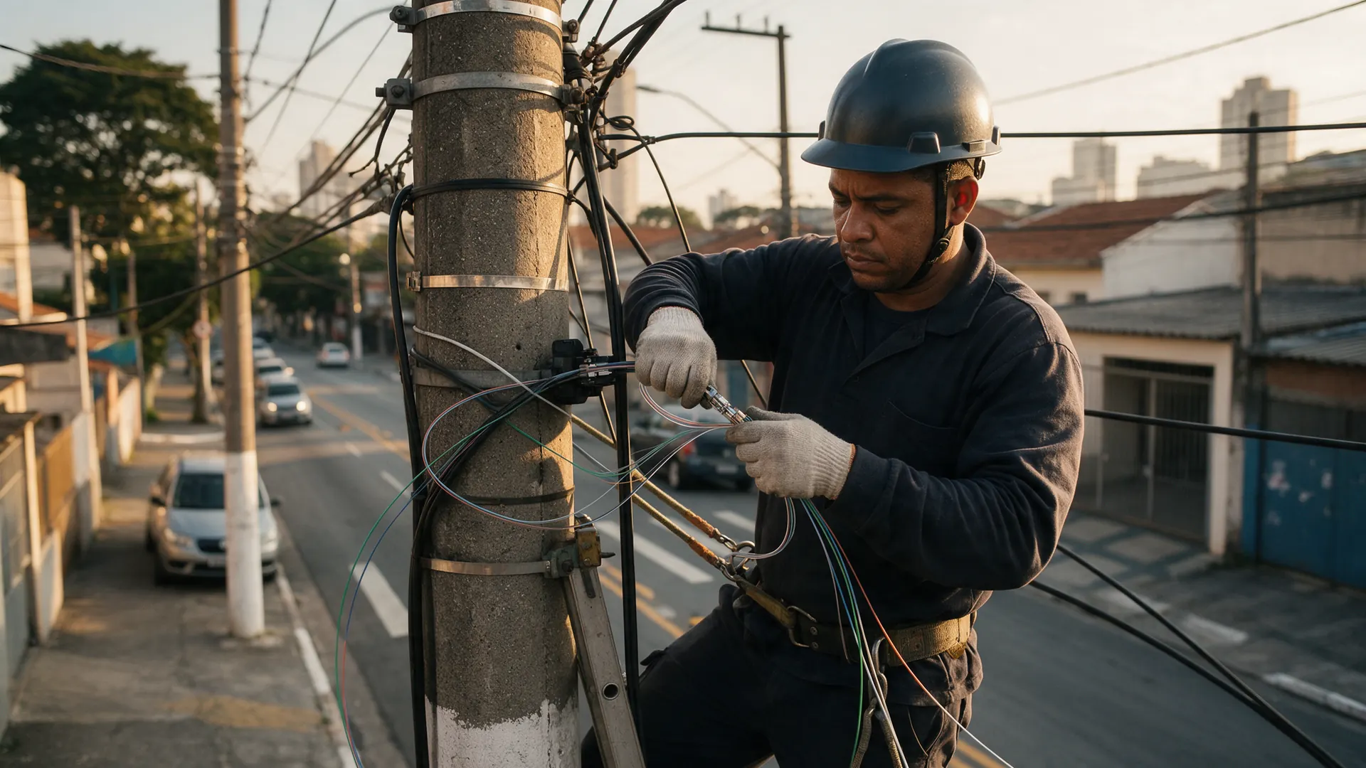 Técnico da equipe emendando fibra num poste