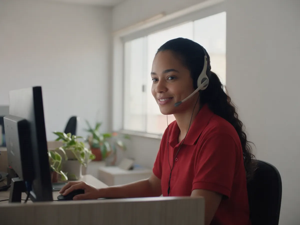 Atendente da Horizonte Net com fone de ouvido na mesa de atendimento