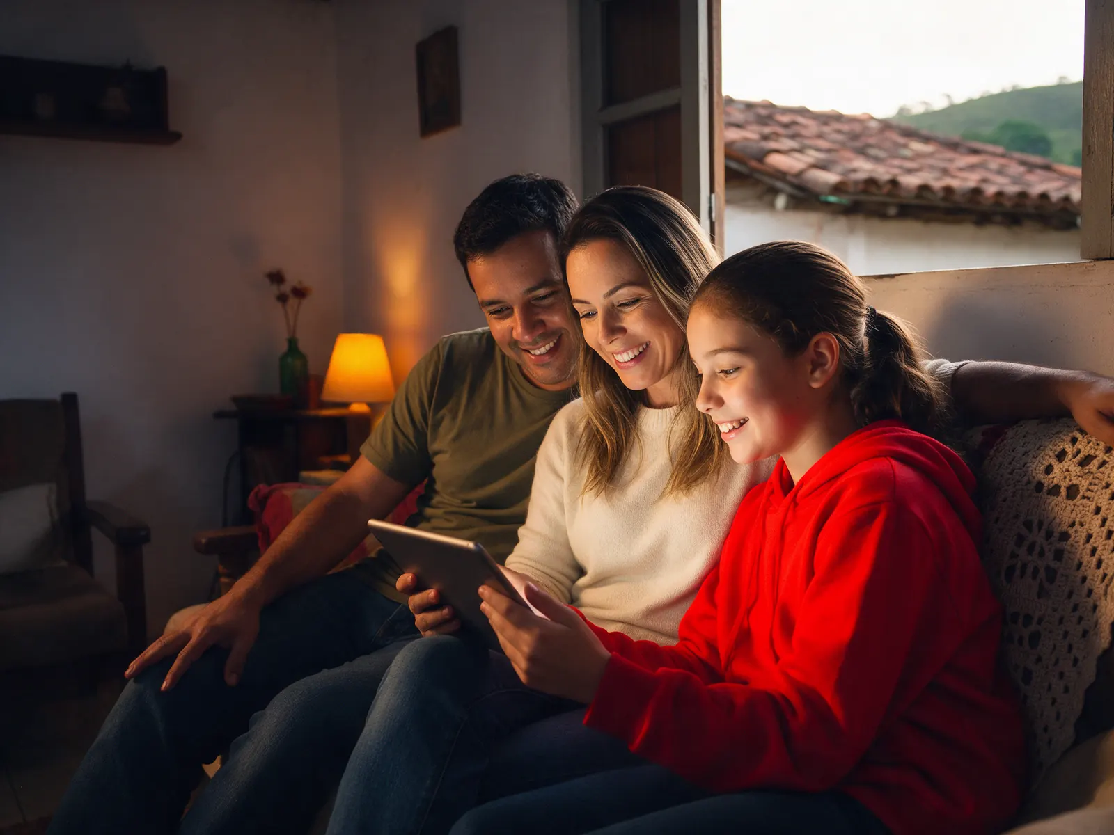 Família reunida na sala de casa, com o celular e o notebook