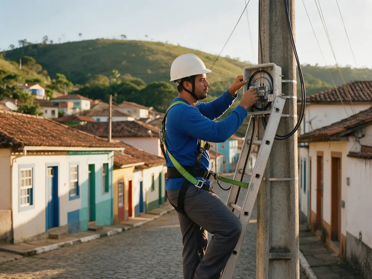 Técnico no alto de um poste instalando cabo de fibra numa rua de cidade pequena