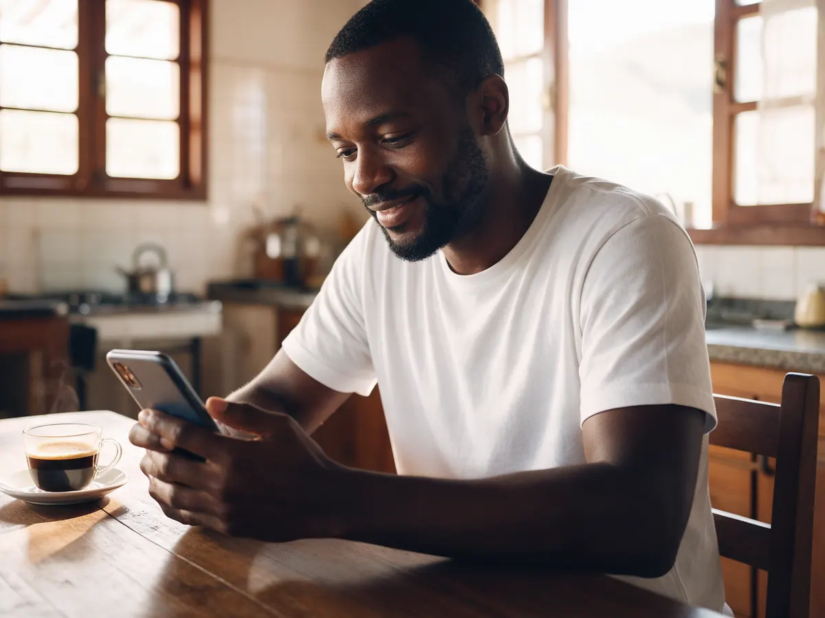Cliente em casa pagando a conta da internet pelo celular