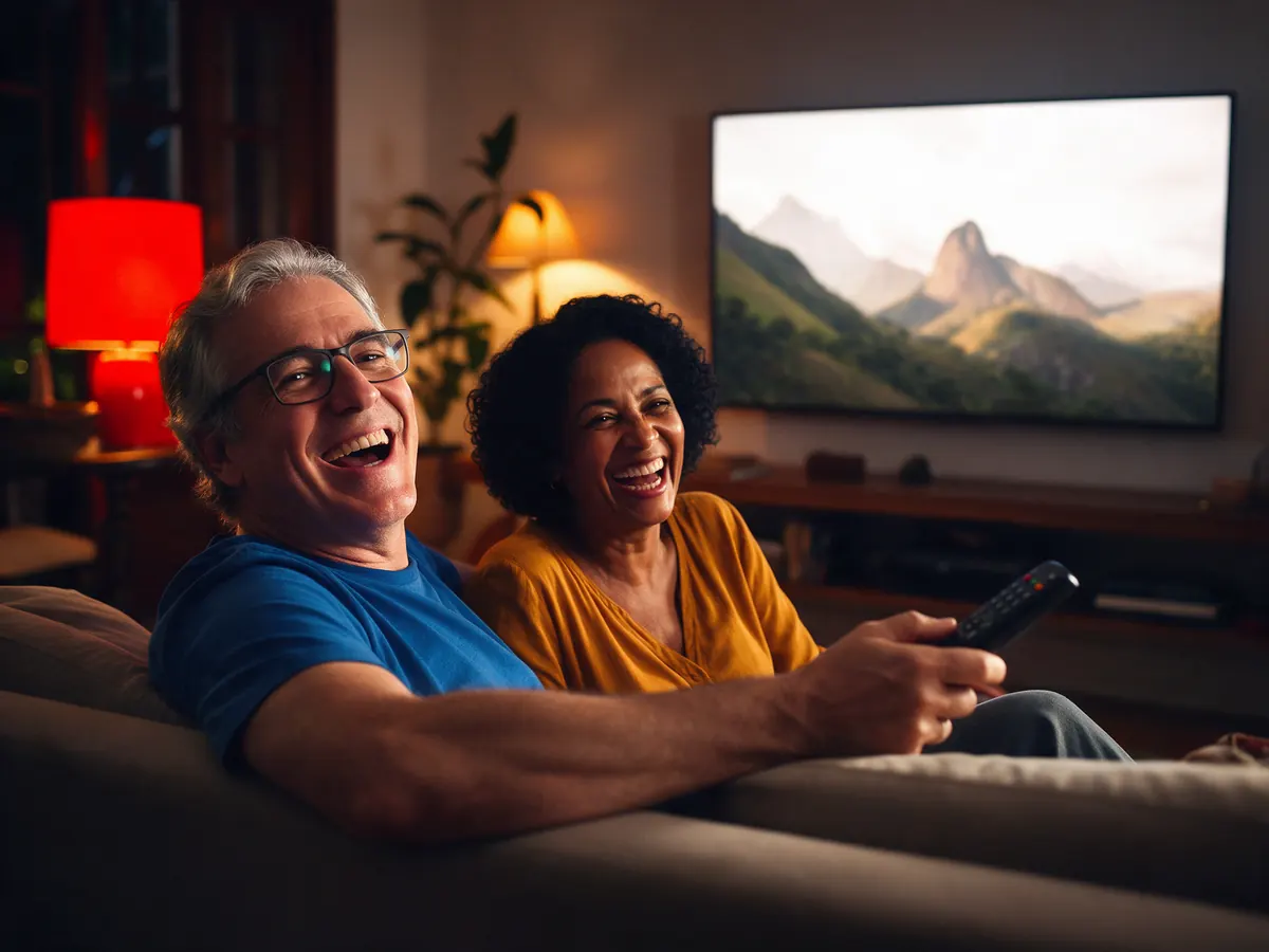 Casal no sofá assistindo TV à noite